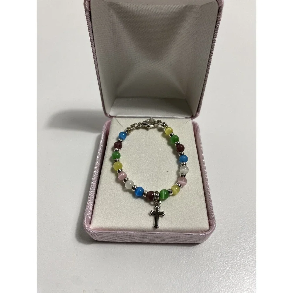 baby‎ bracelet Sterling silver Inspirational beaded multicolor cross charm NWT